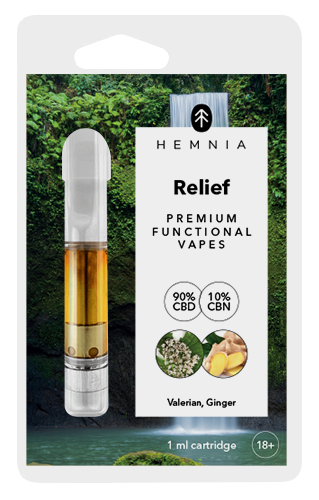 Hemnia Kartusche Relief - 90 % CBD, 10 % CBN, Baldrian, Ingwer, (1 ml)