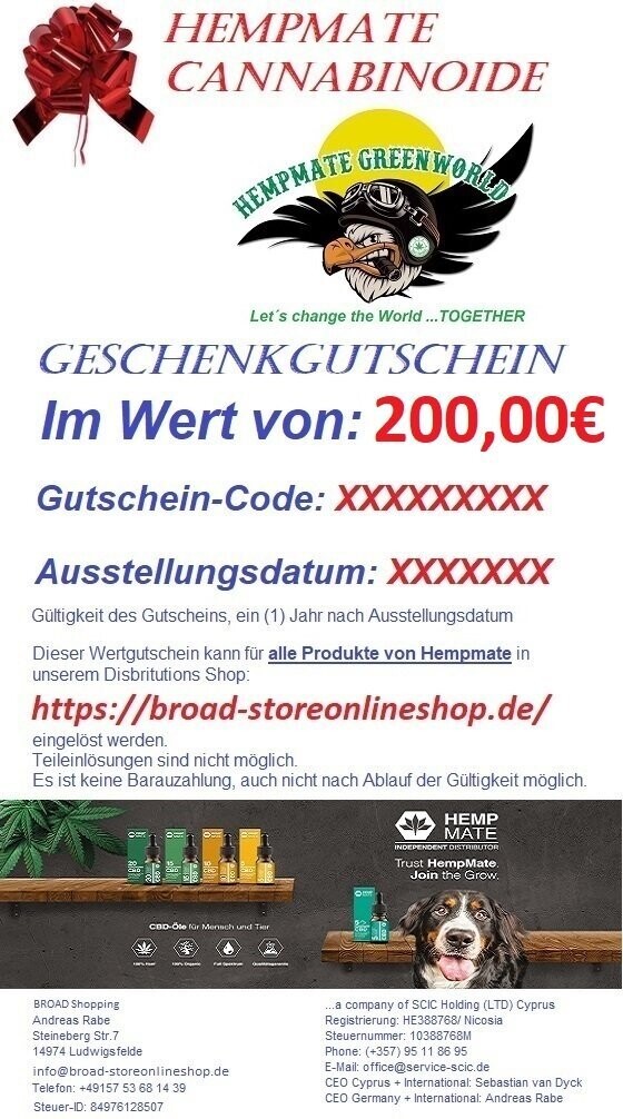 Value voucher Cannabinoide HempMate  200,00€