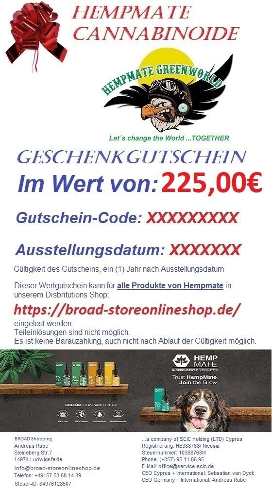 Geschenkgutschein Cannabinoide HempMate  225,00€