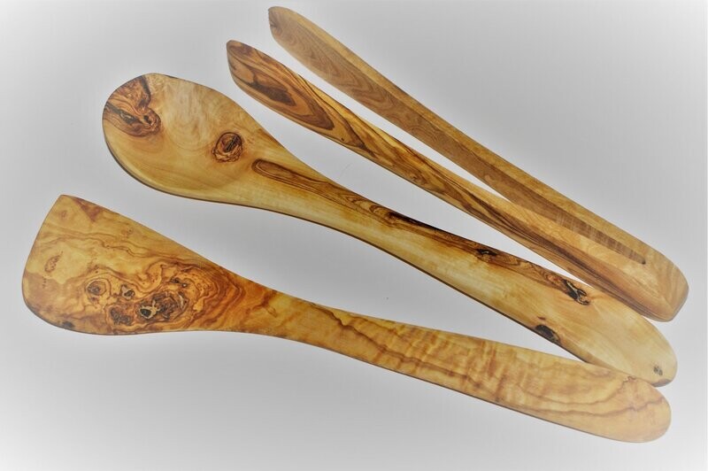 Olivenholz Kochlöffel, Pfannenwender & Wurstzange 3-er Set