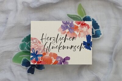 Postkarte „Herzlichen Glückwunsch“ in Aquarell-Blumen-Buchstaben