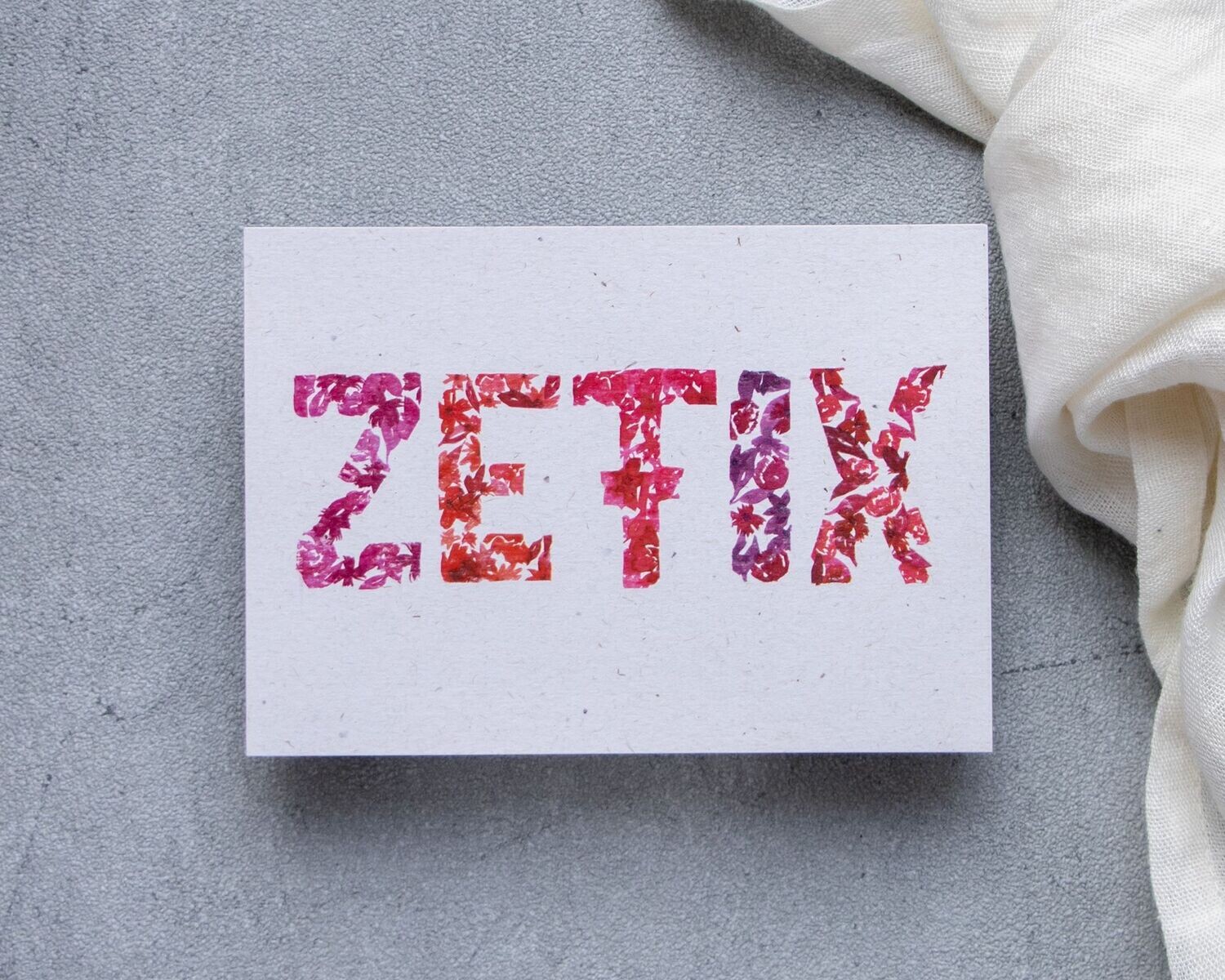 Postkarte „ZEFIX“ in Aquarell-Blumen-Buchstaben