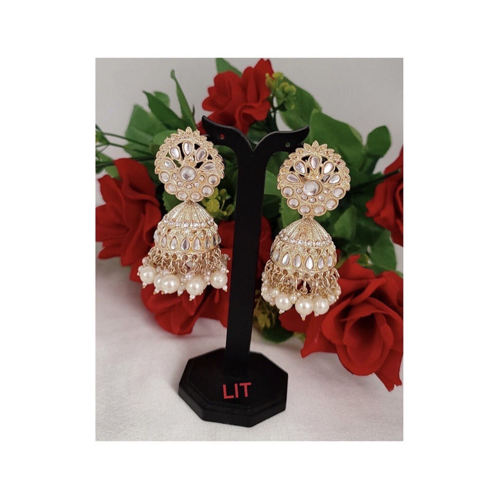 White Kundan Stone And Pearl Designer Jhumki