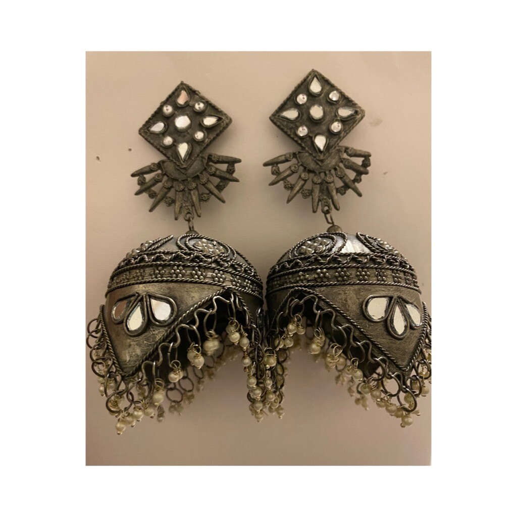 Oxidised Plated Kundan Stone Silver Jhumki