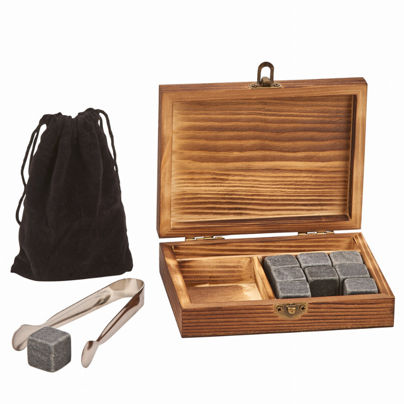 Wood Box with Tongs, 9 Whiskey Stones &amp; Pouch