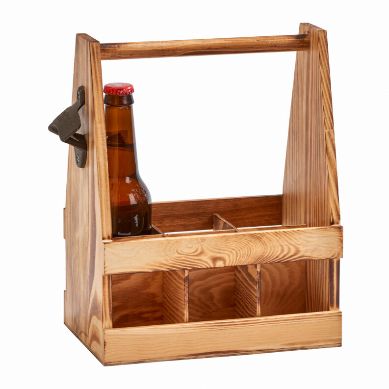 Light Wood 6 Bottle Caddy with Opener 11.25&quot; X 9&quot;