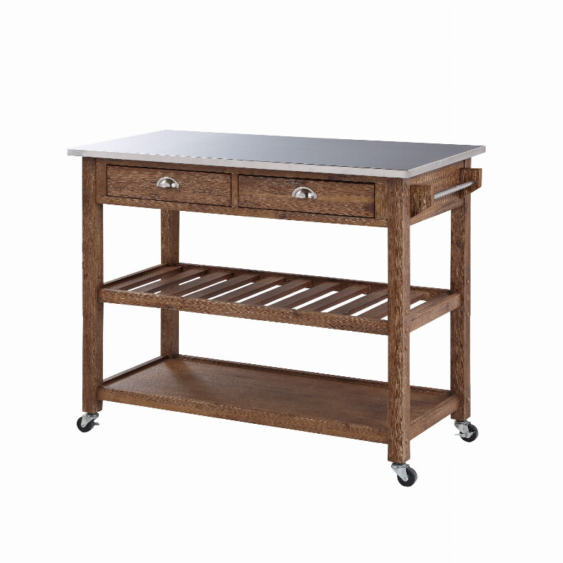 2 Drawers Wooden Frame Kitchen Cart with Metal Top and Casters, Brown and Gray