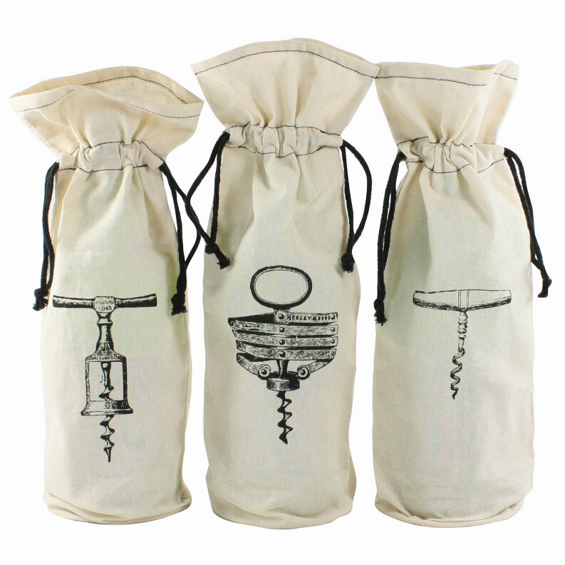 Corkscrew Printed Wine Bag, Assortment of 3, White and Black