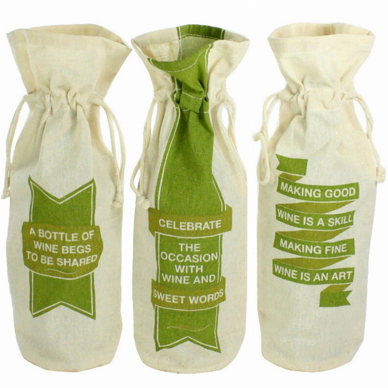 Quotes Printed Wine Bag, Assortment of 3, White and Green