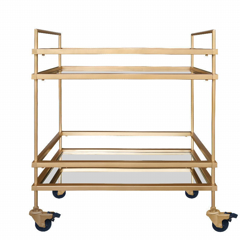 Modern Style Tubular Iron Bar Cart with 2 Mirrored Shelves, Gold