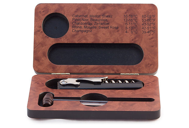 Corkscrew &amp; Thermometer in Wood Box 6.75&quot; x 4&quot;
