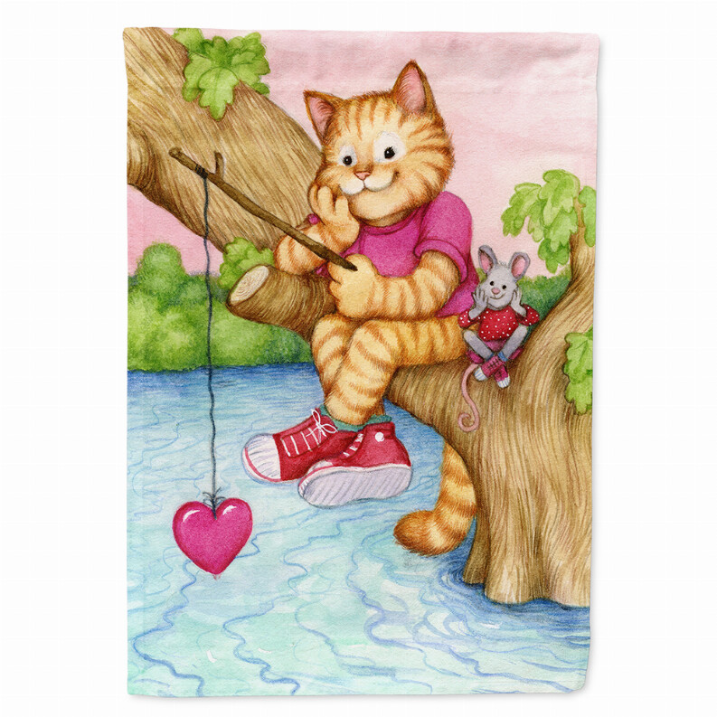 Valentine Cat Fishing For Love Flag Canvas House Size