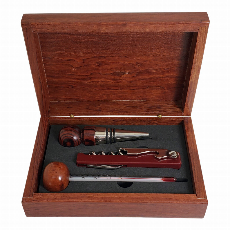 3-Rosewood Wine Set, Thermometer, Wine Stopper &amp; Fold Out Corkscrew with Knife and Can Opener At...