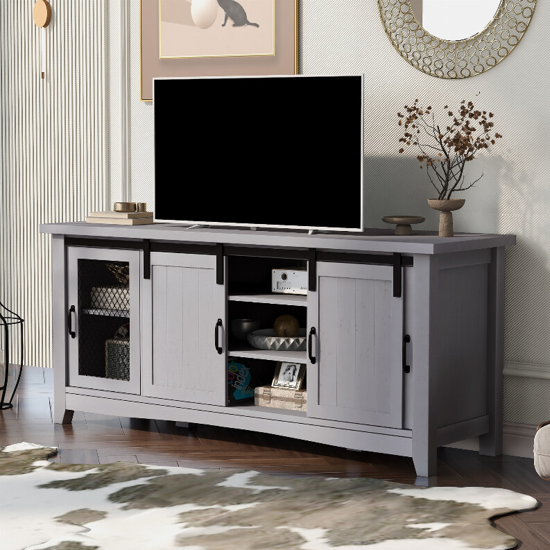 TV Stand for TV up to 65in with 2 Barn-style Doors Adjustable Panels Open Style Cabinet, Sideboard for Living room, Gray