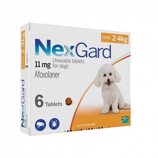 NexGard Chewable Tablets for Dogs, Sizes Available: Orange (11mg)- 2 to 4kg
