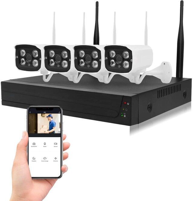Kit de 4 Camaras con NVR Wi-Fi, CCTV inalambrico Full HD 1080px Kit de 4 Camaras con NVR Wi-Fi, CCTV inalambrico Full HD 1080px