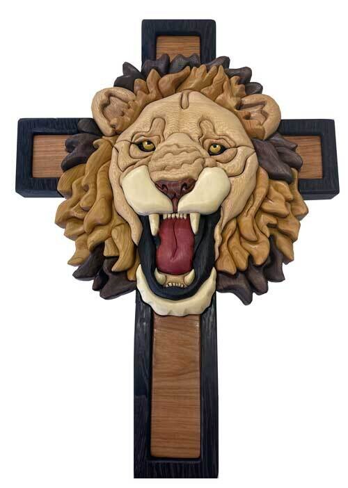 Lion Head Cross Intarsia Art