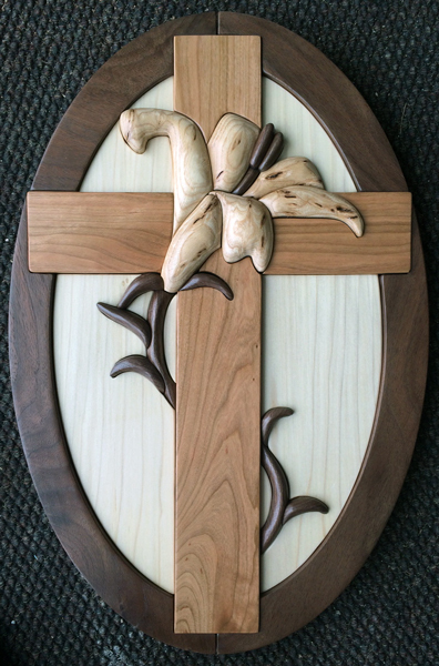 Large Framed Lily Cross Wood Art