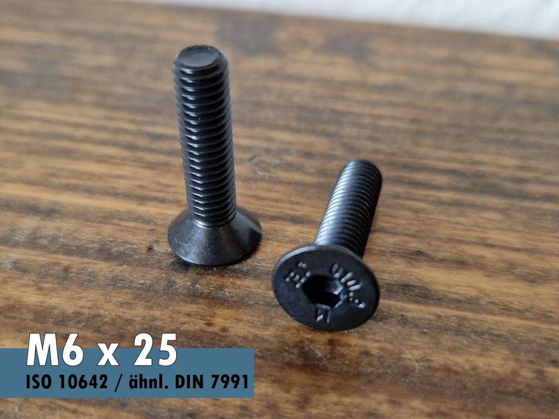 Zwei Senkschrauben mit Innensechskant ISO 10642 - M6 x 25 - 10.9 Stahl blank