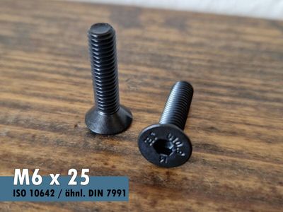 Zwei Senkschrauben mit Innensechskant ISO 10642 - M6 x 25 - 10.9 Stahl blank