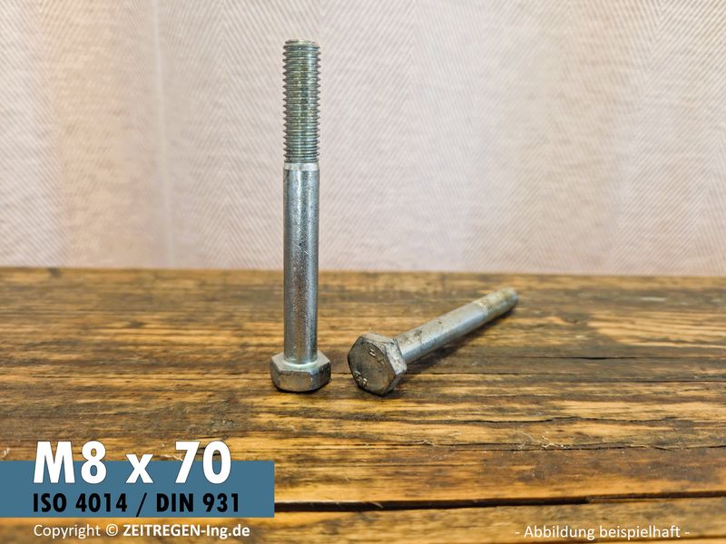 Zwei Sechskantschrauben ISO 4014 - M8 x 70 - 4.6 Stahl verzinkt