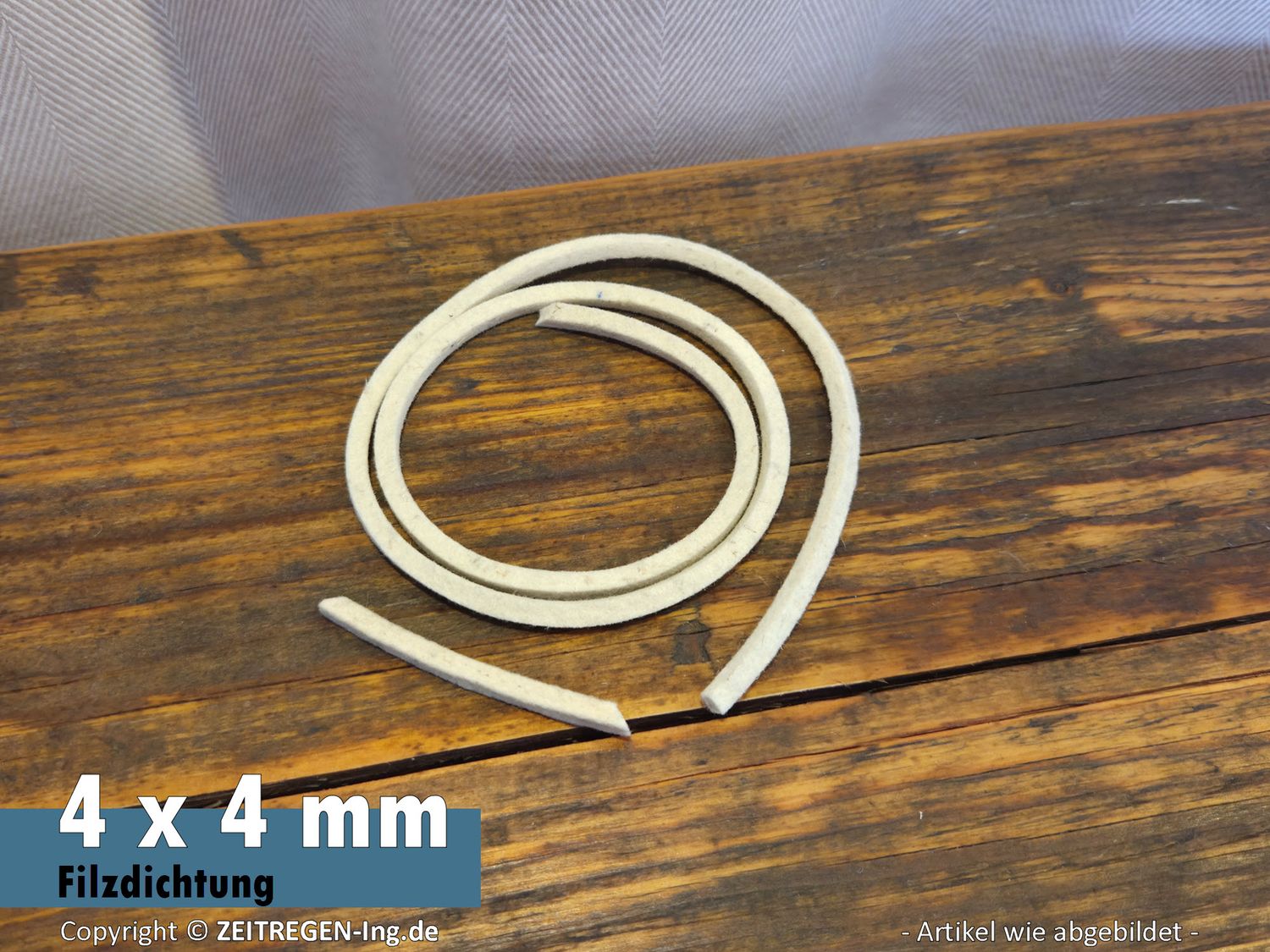 Filzstreifen mit 4 x 4 mm Querschnitt als Dichtung für technische Anwendungen im Maschinenbau.
