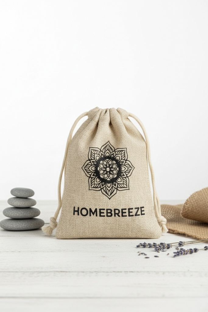Jute bag with drawstring 8x10cm - with Homebreeze logo
