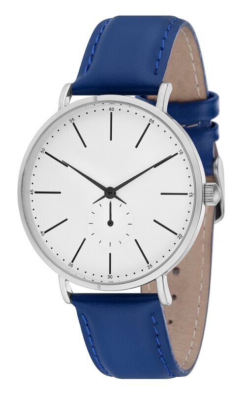Elegante Werbeuhr, blau, Ø 42mm Metall Leder