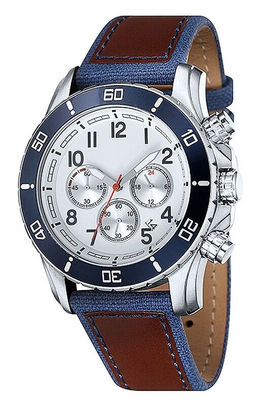 Stilistisch schöner XXL-Chronograph, mit Logo, Ø 46mm Edelstahl Leder