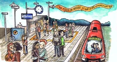Klimaneutrale Postkarte: Das Küssen am Bahnhof ist nur in den gekennzeichneten Bereichen gestattet