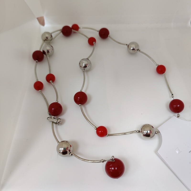 Silver and Red Beaded Necklace