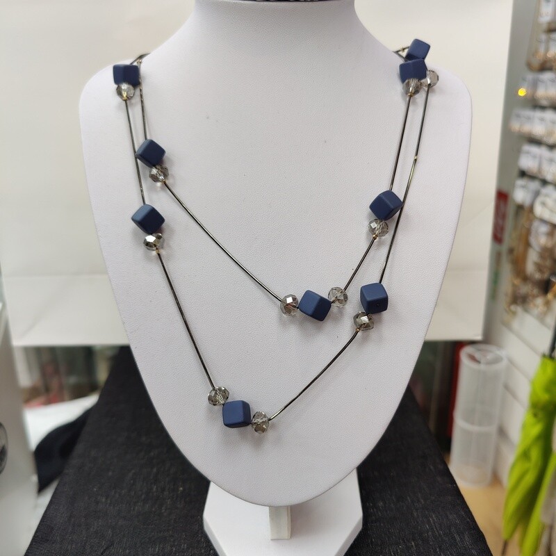 Matt Blue Cube Beaded Necklace