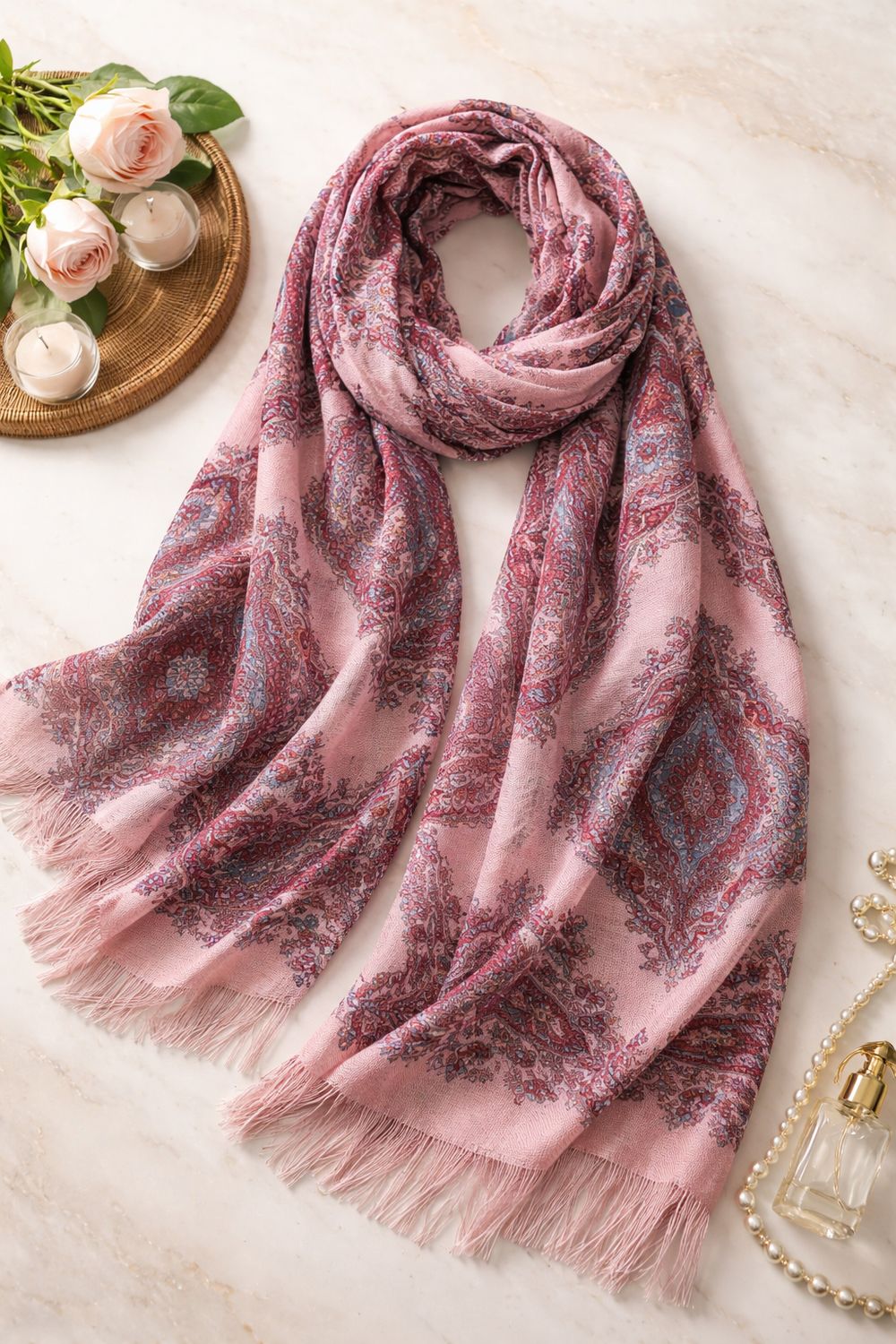 Paisley Print Scarf – Blush &amp; Berry Tones (80cm x 180cm)