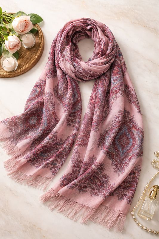Paisley Print Scarf – Blush &amp; Berry Tones (80cm x 180cm)