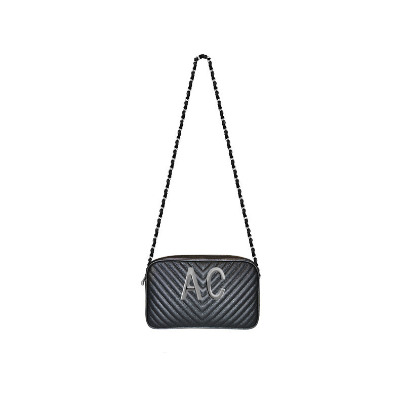MIA BAG - Tracolla Zip Lux Iconic Personalizzabile - Nero con finiture ARGENTO