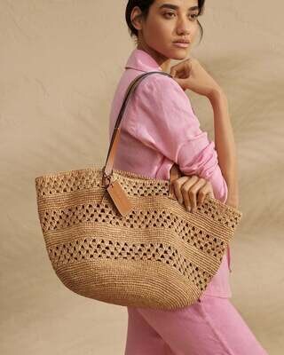 MANEBÍ - Weaving Raffia & Leather Basket Bag - Tan