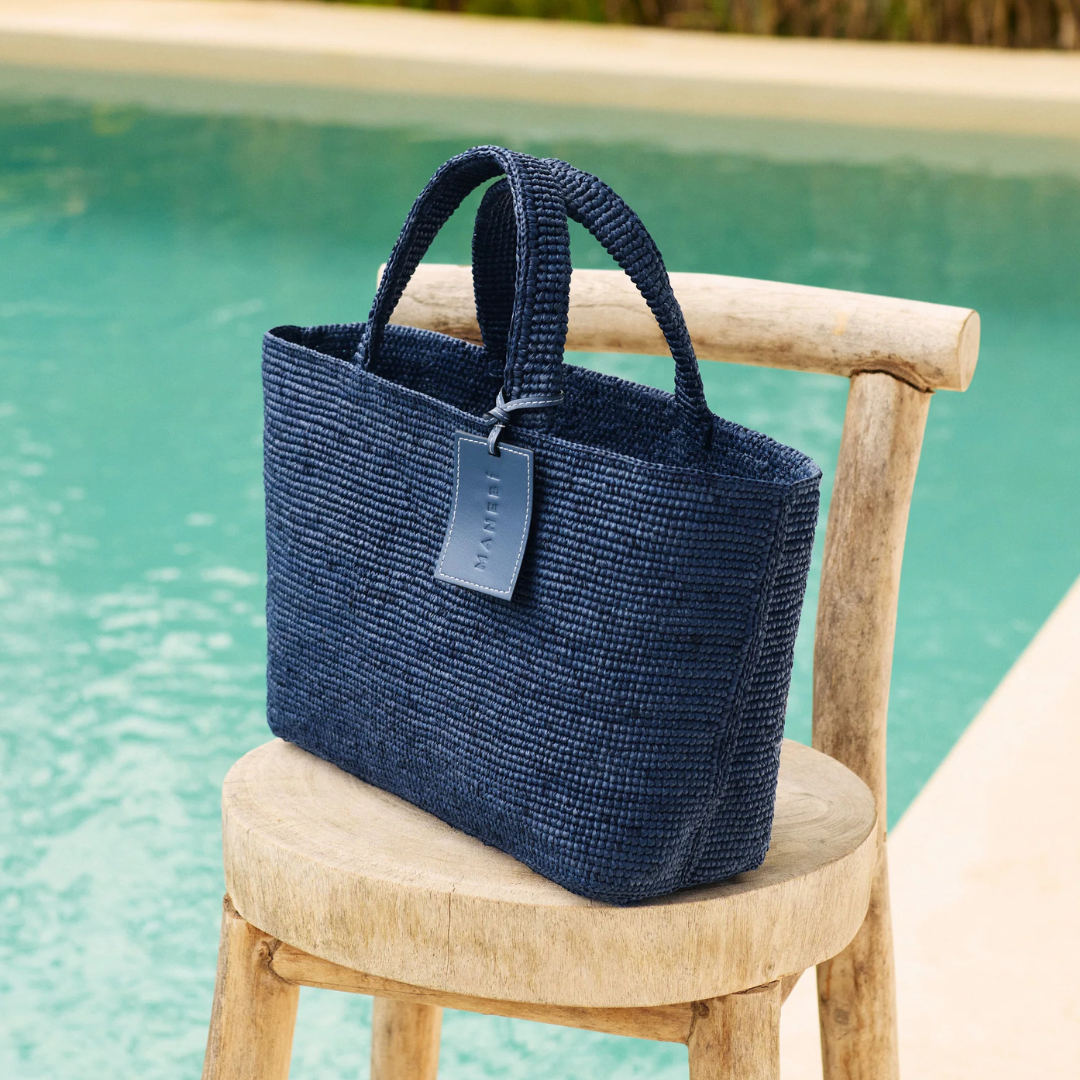 MANEBÍ - Borsa Sunset Media in Rafia Realizzata a Mano - Vintage Navy