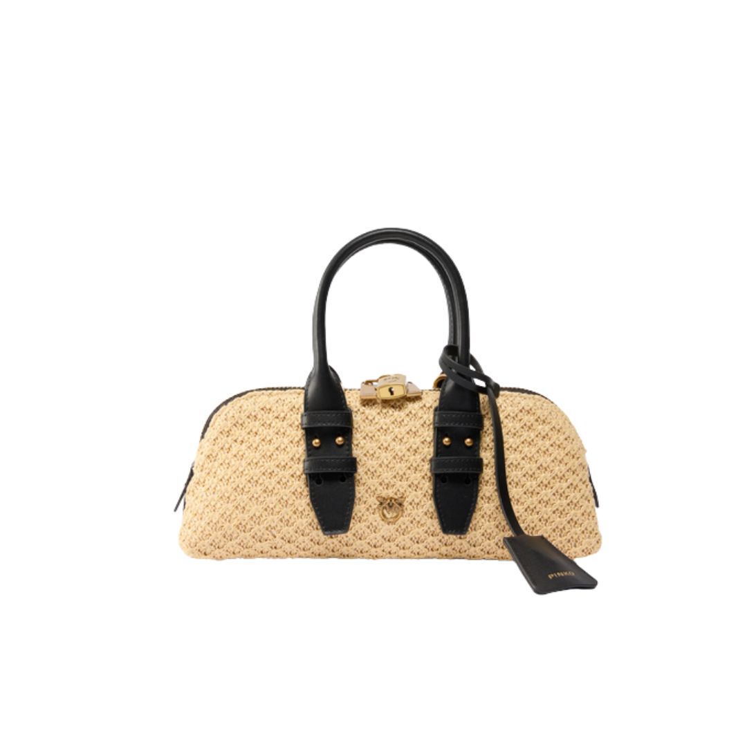PINKO - Borsa piccola a mano Escape Bag in rafia - Bowling Bag Mini - Rafia/Nero