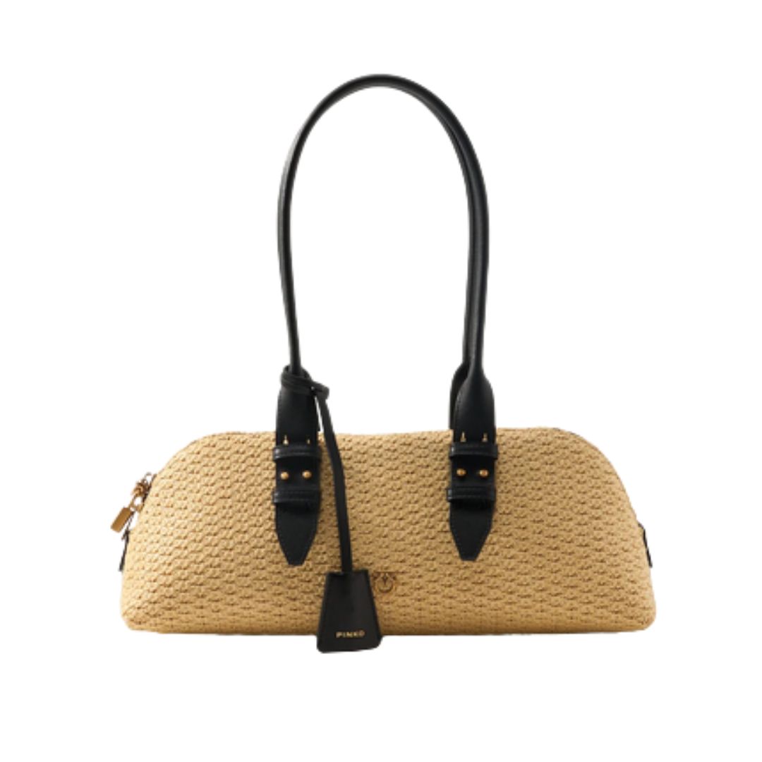 PINKO - Borsa a spalla Escape Bag in rafia - Bowling Bag Mini - Rafia/Nero