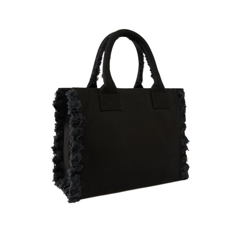 PINKO -Borsa shopper media Beach in canvas con logo e dettagli sfrangiati - Nero