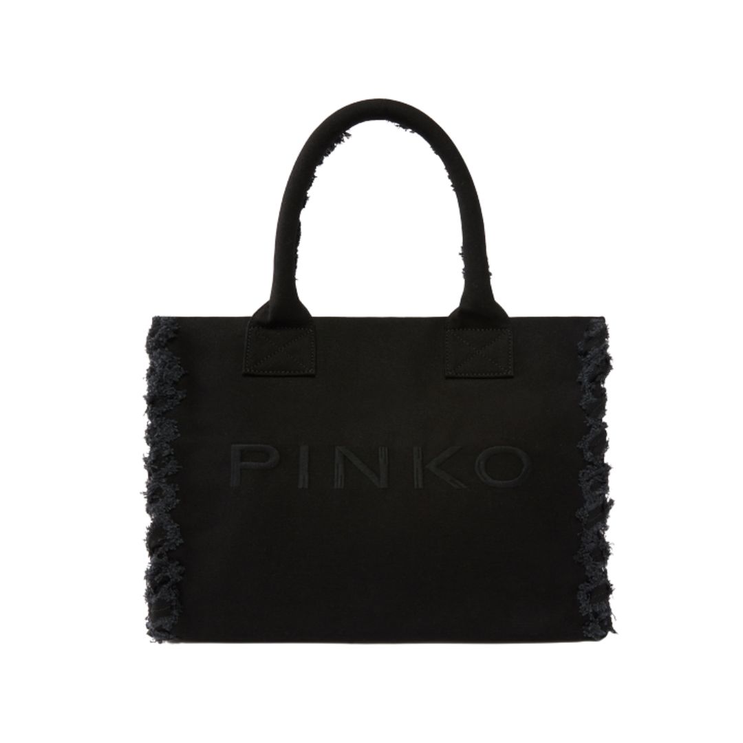PINKO -Borsa shopper media Beach in canvas con logo e dettagli sfrangiati - Nero