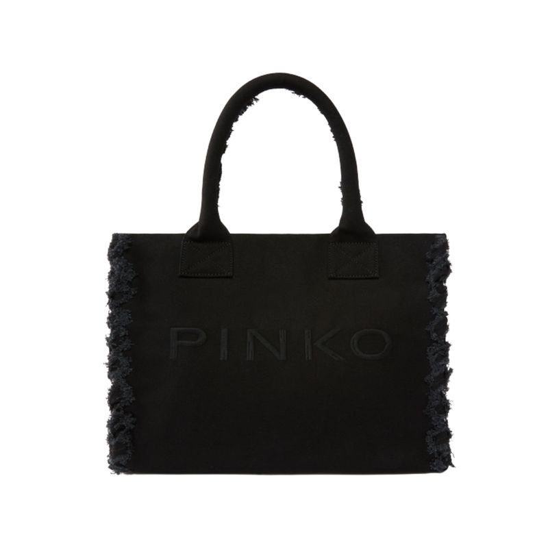 PINKO -Borsa shopper media Beach in canvas con logo e dettagli sfrangiati - Nero