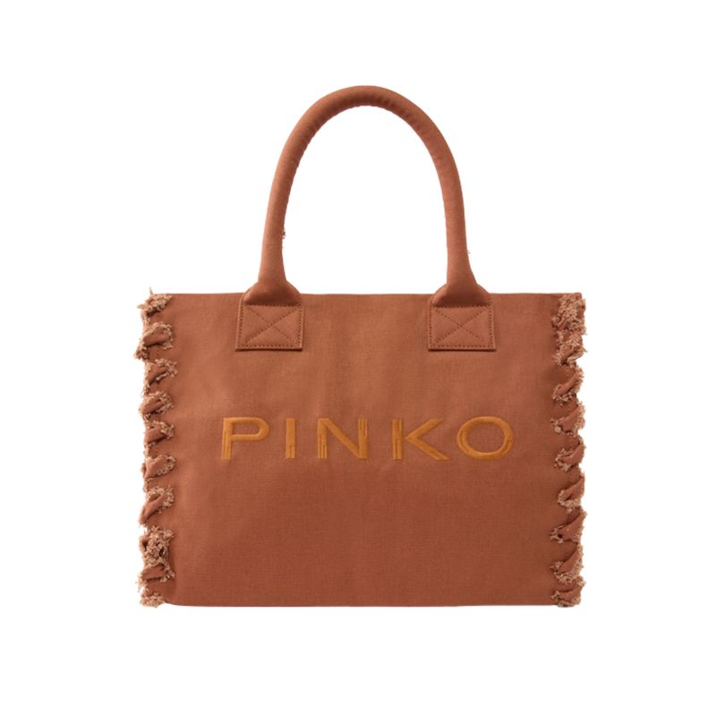 PINKO -Borsa shopper media Beach in canvas con logo e dettagli sfrangiati - Beige scoiattolo