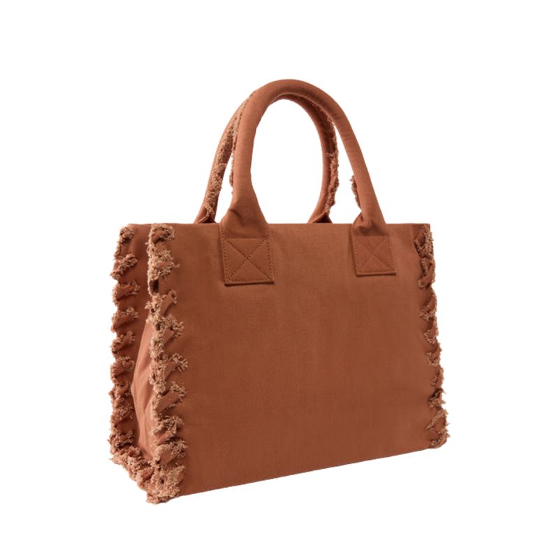 PINKO -Borsa shopper media Beach in canvas con logo e dettagli sfrangiati - Beige scoiattolo