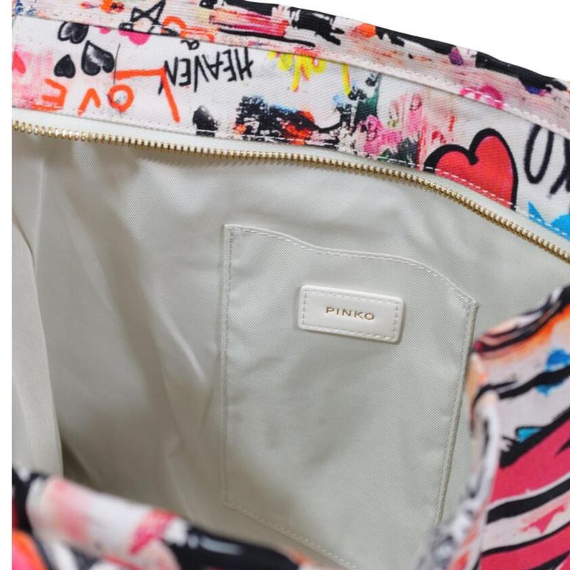 PINKO -Borsa shopper media Beach in canvas con logo e dettagli sfrangiati - Multicolour