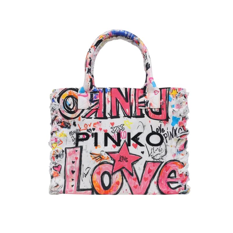 PINKO -Borsa shopper media Beach in canvas con logo e dettagli sfrangiati - Multicolour