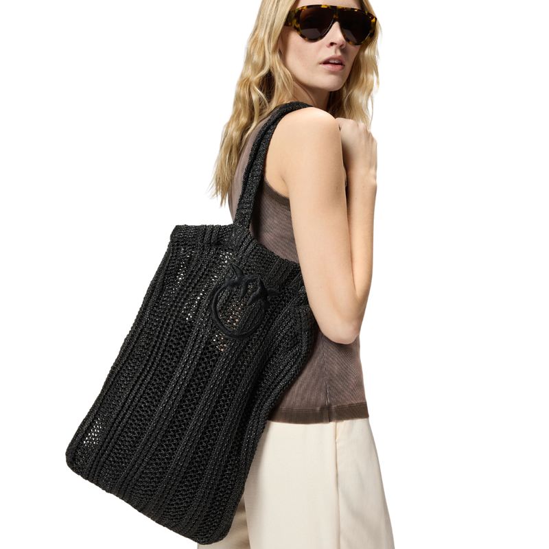 PINKO - Borsa shopper media Easy Tote Bag in rafia Nero
