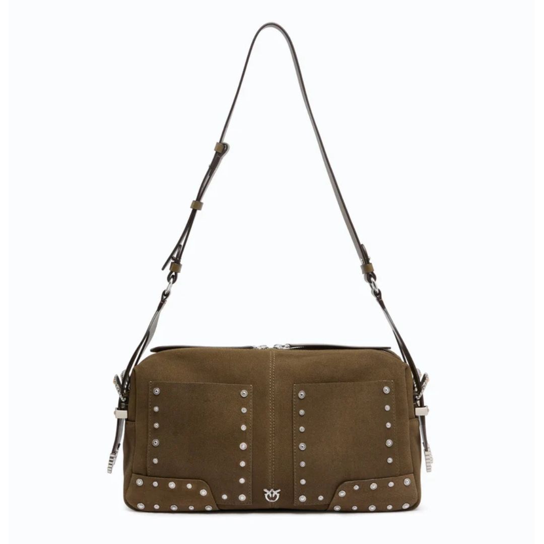 PINKO - Borsa a spalla media Keeper Bag in suede con patch e borchie - Military Green