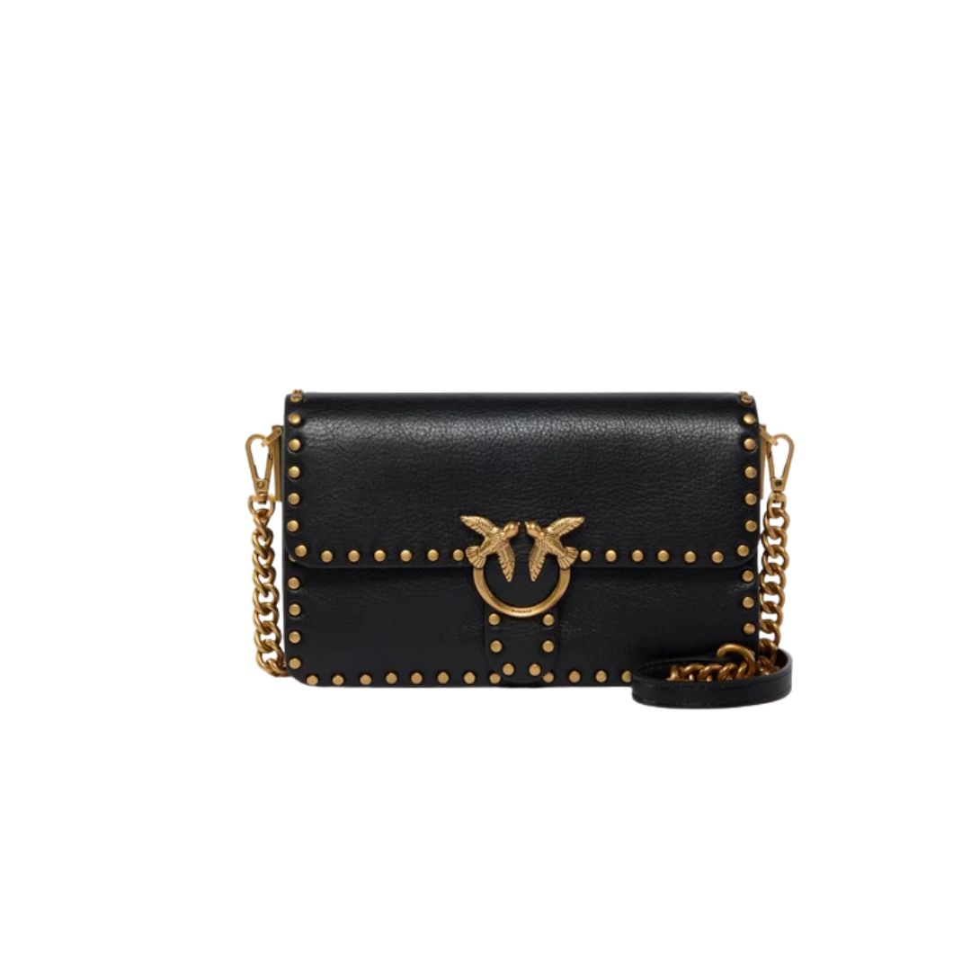 PINKO - Borsa a tracolla piccola Love One Slouchy in pelle con borchie -Nero