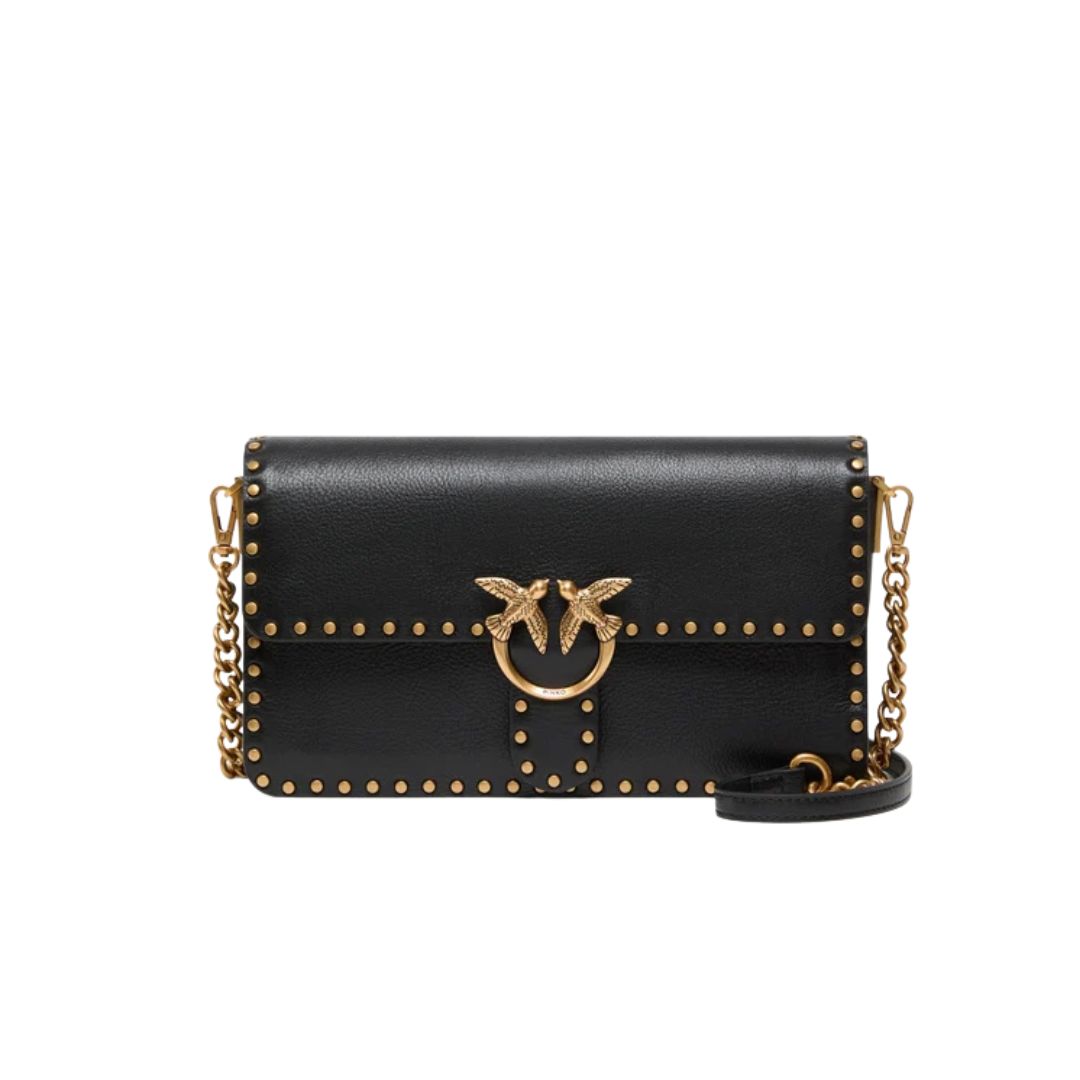 PINKO - Borsa a tracolla media Love One Slouchy in pelle con borchie -Nero